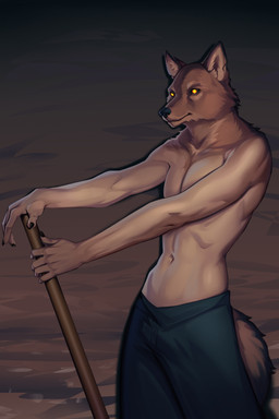 5_fingers anthro biped bottomwear claws clothed clothed_anthro clothed_male clothing fingers front_view fur inner_ear_fluff male navel pants partially_clothed partially_clothed_anthro partially_clothed_male simple_background solo standing tail topless topless_anthro topless_male tuft monian canid canine mammal 2026 2:3 absurd_res digital_drawing_(artwork) digital_media_(artwork) hi_res