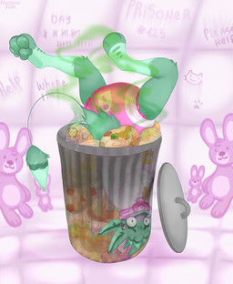 anthro arms_tied bound diaper eyebrows fur green_body green_eyebrows green_fur locked locked_diaper male number object_in_mouth pacifier pacifier_in_mouth paws plushie prison prisoner smelly solo stink_fumes stuck tail tally_marks teddy_bear text trash trash_can wall_(structure) fructoruu levi_(fatcat4t4) avali 2024 artist_name hi_res