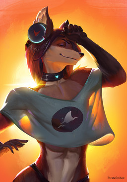 anthro choker collar electronics female fin fur hair headgear headphones headset jewelry music necklace solo piratefoxbox canid canine fox mammal hi_res