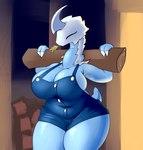 3_fingers anthro big_breasts breasts clothing curvy_figure female fingers horn overalls simple_background small_tail solo standing tail thick_thighs wheat wide_hips fluffolio rimworld thrumbo