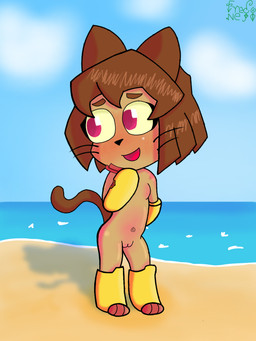 aged_down anthro beach breasts featureless_breasts female genitals nude nudist pose sand small_breasts solo vulva young young_anthro young_female fredonejo gameoverse glitch_productions kit_bodega domestic_cat felid feline felis humanoid mammal absurd_res hi_res