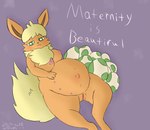 anthro belly big_belly breasts egg female genitals multi_nipple nipples pregnant pregnant_anthro pregnant_female pussy solo text trippybunny nintendo pokemon noa_(notsafefennenec) eeveelution flareon generation_1_pokemon mammal pokemon_(species) 2024 digital_media_(artwork) hi_res