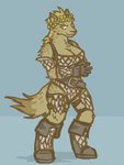 adventurer anthro armor belt belt_buckle big_breasts blonde_hair boots breasts brown_body brown_fur buckle cleavage clothed clothing cuisse druid female floral flower flower_crown flower_garland fluffy fluffy_tail footwear fur garland gloves hair handwear head_wreath magic_user mane narrowed_eyes plant rerebrace shoes smile smirk solo tail thick_thighs tribal_spellcaster unconvincing_armor lonelyworld ria_(gnoll) gnoll hyena mammal 2012 3:4