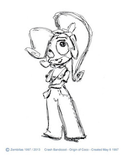 anthro clothing female hair looking_up overalls ponytail shirt simple_background smile solo text topwear white_background charles_zembillas activision crash_bandicoot_(series) coco_bandicoot bandicoot mammal marsupial 1997 4:5 english_text monochrome official_art