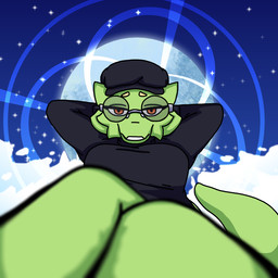 anthro blurred_foreground breasts clothing eyewear female foreshortening front_view fur glasses green_body green_fur hat headgear headwear laid_back newsboy_cap sky skyscape smug solo sweater tail topwear turtleneck magik_woman wuguuu_(magik_woman) kobold scalie 1:1 trans_(lore) trans_man_(lore)
