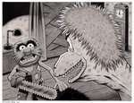 anthro big_nose bloodshot_eyes border chainsaw clock clothing duo eyebrows female hair lamp male male/female parody power_tool teeth thick_eyebrows tools torn_clothing white_border bruce_mccorkindale evil_dead evil_dead_ii muppets the_evil_dead animal_(muppets) queen_peuta muppet 2020 crossover greyscale hi_res monochrome signature