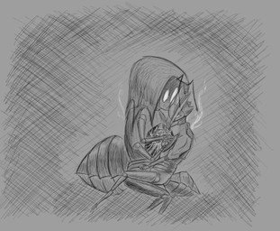 4_arms ambiguous/ambiguous ambiguous_gender antennae_(anatomy) anthro arthropod_abdomen covering covering_face duo glowing glowing_eyes machine multi_arm multi_limb on_lap sitting sitting_on_another sitting_on_lap steam wire_play cogheartflutters hollow_knight:_silksong hollow_knight_(franchise) team_cherry second_sentinel twelfth_architect arthropod robot monochrome sketch