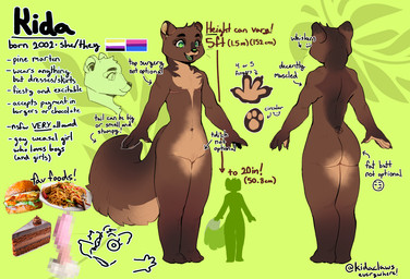 ambiguous_gender anthro bisexual_pride_colors bottomwear cake clothing dessert dildo food lgbt_pride male mastectomy_scar pasta pride_colors scar sex_toy short shorts solo text thick_thighs kidaclaws gulonine mammal marten mustelid musteline pine_marten censored english_text model_sheet mosaic_censorship nonbinary_(lore)