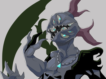 2_horns 3_fingers antlers black_markings black_mouth blue_eyes blue_gem body_horror eyes_in_mouth fingers gem glistening glistening_eyes grey_body horn jewelry male markings maroon_horn multi_arm multi_eye multi_limb necklace nightmare_fuel open_mouth pupils simple_background solo teeth white_background white_pupils swampjaws humanoid