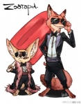 3_toes 4_fingers anthro barefoot big_ears big_head bow_(feature) bow_tie brown_body brown_fur canid canine cigar claws clothed clothing dazya dipstick_ears disney duo ear_markings eyewear feet fennec_fox fingers finnick_(zootopia) food fox front_view fully_clothed fur hand_on_hip holding_food holding_object inner_ear_fluff male mammal multicolored_ears nick_wilde orange_body orange_fur oversize_object popsicle red_fox shirt simple_background smile smoking standing suit sunglasses text toes topwear true_fox tuft white_background zootopia