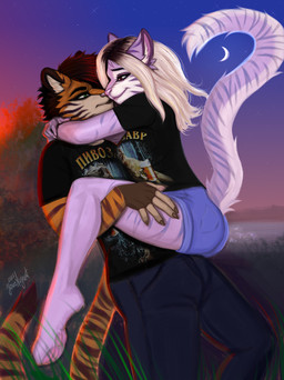 anthro claws duo female hug male male/female moon romantic romantic_couple romantic_night stripes sunset youraugust august_green lilac_yogurt felid mammal pantherine tiger absurd_res hi_res
