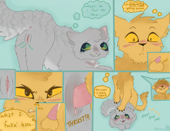 animal_genitalia apprentice butt duo female feral first_heat fluffy fluffy_tail fur genitals grey_body grey_fur heterochromia in_heat male male/female naive naive_sex penetration plap presenting presenting_hindquarters presenting_vulva profanity sex tabby_fur tail text vulva yellow_body yellow_eyes yellow_fur young young_penetrated breezepawlt warriors_(book_series) dovewing_(warriors) lionblaze_(warriors) domestic_cat felid feline felis mammal tabby_cat english_text