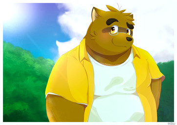 anthro belly big_belly black_nose blush brown_body brown_fur cloud eyewear fur glasses kemono male outside overweight overweight_male solo sun kamakitoron kumatoron morenatsu kounosuke_kuri canid canine mammal raccoon_dog tanuki 2023 absurd_res hi_res
