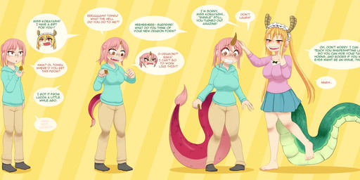barefoot blonde_hair blush bottomwear breasts clenched_teeth clothing dialogue duo feet female green_body green_scales growth hair hoodie horn horn_growth human_to_humanoid open_mouth pants pink_clothing pink_hair pink_shirt pink_topwear red_body red_scales scales shirt simple_background skirt smile species_transformation standing tail tail_growth teeth text topwear transformation yellow_background mentalcrash miss_kobayashi's_dragon_maid mythology kobayashi_(dragon_maid) tohru_(dragon_maid) animal_humanoid dragon dragon_humanoid human humanoid mammal mythological_creature mythological_scalie scalie 2024 absurd_res digital_media_(artwork) english_text hi_res sequence