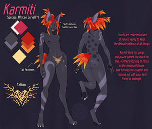 anthro black_body black_fur breasts butt claws color_swatch dark_nipples ear_tuft feather_hair feathers female fur fur_markings genitals hair markings nipples pawpads pink_eyes pseudo_hair red_hair slim small_breasts solo spots spotted_body spotted_fur tail tail_feathers text toe_claws tuft vulva whiskers womb_tattoo dalipuff felid feline mammal serval digital_media_(artwork) english_text model_sheet