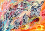 abstract_background black_claws claws digitigrade duo female feral fur markings quadruped tail white_body white_fur pearleden capcom clover_studio okami_(capcom) amaterasu_(okami) shiranui_(okami) canid canine canis deity mammal wolf traditional_media_(artwork)