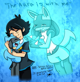 ambiguous_gender anthro black_body black_fur black_hair blue_body blue_fur blush blush_stickers bodily_fluids bottomwear clothed clothing domestic_pet fur group hair hand_on_head hug male multicolored_body multicolored_fur open_mouth petting smile standing tears two_tone_body two_tone_fur yellow_body yellow_fur young knockoutandsonic nintendo pokemon ash_ketchum pokemon_trainer generation_4_pokemon ghost human lucario mammal pokemon_(species) riolu spirit 2020 hi_res