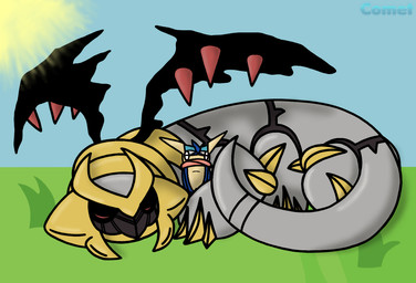 anthro blue_body cuddling duo grey_body male male/male simple_background size_difference sun cometmystic21 mythology nintendo pokemon comet_(cometmystic21) gira_(cometmystic21) altered_forme_giratina amphibian dragon frog generation_4_pokemon generation_6_pokemon giratina greninja legendary_pokemon mythological_creature mythological_scalie pokemon_(species) scalie