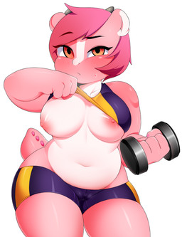 4_fingers amber_eyes anthro areola bottomwear breasts camel_toe clothed clothing clothing_lift countershading dumbbell exercise female fingers hair holding_object horn looking_at_viewer nipples non-mammal_breasts non-mammal_nipples one_breast_out pink_hair shirt shirt_lift short_hair shorts shortstack shortstack_female simple_background slightly_chubby slightly_chubby_anthro slightly_chubby_female solo tail topwear weightlifting weights white_background workout berseepon09 mythology dragon_(berseepon09) dragon mythological_creature mythological_scalie scalie 2018 absurd_res digital_media_(artwork) hi_res