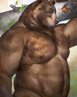 anthro armpit_hair biceps body_hair brown_body brown_fur fur male musclegut muscular muscular_anthro muscular_male navel nipples nude nude_anthro nude_male outside overweight overweight_male pecs plant solo tree ulvin_art ambient_arthropod ambient_butterfly ambient_insect bear mammal 2025 4:5 hi_res