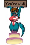 anthro big_breasts biped birthday birthday_cake blue_body blue_horn blue_scales blue_tail breasts brown_hair cake clothing dangs dessert eyelashes female food hair happy holding_object holding_sign horn multicolored_body multicolored_clothing multicolored_scales open_mouth orange_eyes pop_out_cake red_clothing scales sign smile solo spiked_tail spikes spikes_(anatomy) swimwear tail text thick_thighs tongue topwear two_tone_body two_tone_clothing two_tone_scales white_clothing chrismono kobold scalie 2022 english_text hi_res