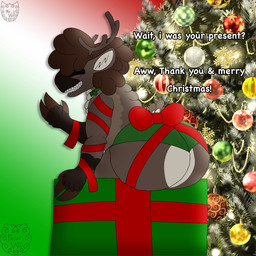 anthro bow_ribbon broken_antler christmas_decorations christmas_present christmas_tree dialogue eyes_closed gesture gift gradient_background happy holidays looking_at_viewer looking_back male open_mouth plant ribbons simple_background solo text tree waving wrapped cptwill64_(artist) christmas will_soul-rein deer mammal new_world_deer reindeer 1:1 english_text hi_res watermark