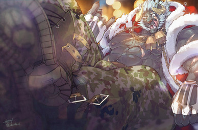 2_horns 5_fingers abs anthro belt black_body black_fur boots bottomwear broken_horn camo camo_bottomwear camo_clothing camo_pants camo_print claws clothing fingerless_gloves fingers footwear fur gloves handwear horn humanoid_hands male muscular muscular_anthro muscular_male nipples pants pattern_bottomwear pattern_clothing pattern_pants pecs santa_coat shoes solo danke lifewonders tokyo_afterschool_summoners krampus_(tas) felid lion mammal pantherine 2022 colored signature