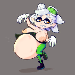 belly big_belly big_breasts bottomwear breasts clothing ear_piercing eyebrows female gloves green_bottomwear green_clothing green_hat green_headwear green_pants grey_background grey_eyebrows grey_hair hair handwear hat headgear headwear huge_belly humanoid_pointy_ears markings mole_(marking) navel nipples orange_eyes outie_navel pants piercing pointy_ears pose pregnant pregnant_female pseudo_hair simple_background smile solo tan_body tan_ears tan_skin teeth tentacle_hair tentacles yellow_eyes fupoo nintendo splatoon marie_(splatoon) animal_humanoid aquatic aquatic_humanoid cephalopod cephalopod_humanoid humanoid inkling mollusk mollusk_humanoid 2023 signature