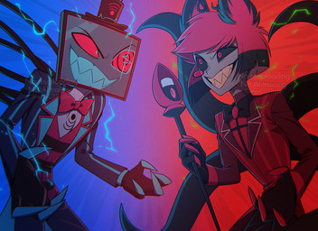 clothed clothing duo electricity electronics eyewear for_a_head hat headgear headwear male monocle screen screen_face sharp_teeth teeth television enaic31 hazbin_hotel hellaverse alastor_(hazbin_hotel) vox_(hazbin_hotel) animal_humanoid deer deer_humanoid demon demon_humanoid humanoid mammal mammal_humanoid object_head screen_head tv_head hi_res
