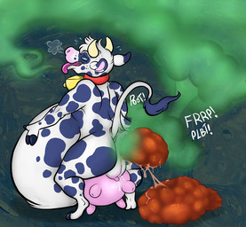 belly bloated bodily_fluids breath excessive_feces fart fart_cloud feces female gas gas_cloud genital_fluids genitals green_fart_cloud hyper hyper_feces panting raised_tail scatplay solo tail teats udders vaginal_fluids vulva yagi-no-baka bovid bovine cattle dairy_cattle holstein_friesian_cattle mammal