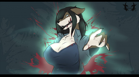 anthro big_breasts black_bars blood bodily_fluids breast_implants breasts female huge_breasts looking_at_viewer solo year rohan_scribe fro_(rohan_scribe) canid canine canis mammal wolf 2015 letterbox