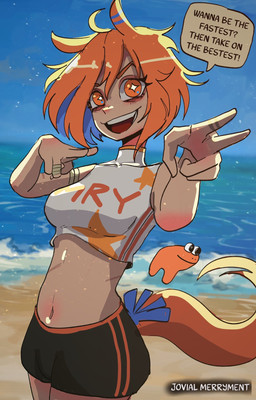 beach clothed clothing female fully_clothed gesture hand_gesture looking_at_viewer midriff outside pointing pointing_at_viewer solo speech_bubble tail text basedbinkie horse_race_tests jovial_merryment animal_humanoid equid equid_humanoid equine equine_humanoid horse horse_humanoid humanoid mammal mammal_humanoid hi_res