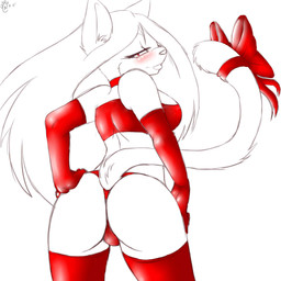 accessory anthro biped blush bow_(feature) bow_accessory bow_ribbon butt clothed clothing collar female furgonomics gloves hair hand_on_butt handwear legwear long_hair looking_back raised_tail rear_view red_eyes ribbons simple_background solo standing stockings tail tail_accessory tail_bow tail_clothing tail_ribbon thong underwear white_background white_body white_hair bubble_kitten17 feather_chibika domestic_cat felid feline felis mammal 1:1 2011 sketch
