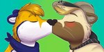 anthro blush clothing duo eyes_closed fur hat headgear headwear hoodie kerchief kissing male male/male simple_background tan_body tan_fur topwear whiskers yellow_body yellow_fur dbleki seigwestwood swell_the_otter mammal mustelid otter 2:1 hi_res