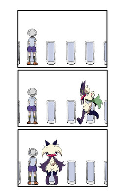 anthro bodily_fluids border bottomwear claws clothing duo eyes_closed finger_claws flower_(anatomy) footwear fur green_body green_fur green_tail hat headgear headwear male mask pawpads paws shirt shoes shorts smile sweat sweatdrop tail toilet_use topwear urinal uva_academy white_border floral8x4 nintendo pokemon generation_9_pokemon human mammal meowscarada pokemon_(species) 2026 comic hi_res
