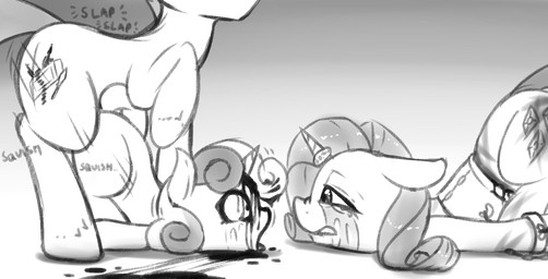 abuse bent_over blood bodily_fluids bound chain chained child_murder corpse dead_eyes death female female_death feral forced gore group horn magic_suppression male male/female necrophilia penetration rape sex simple_background snuff tears trio white_background young young_female young_feral fearingfun friendship_is_magic hasbro my_little_pony mythology rarity_(mlp) sweetie_belle_(mlp) equid equine horse mammal mythological_creature mythological_equine pony unicorn black_and_white hi_res monochrome