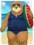 anthro beach belly blush brown_body brown_fur bulge clothing crystal eyewear fur glasses jewelry male moobs necklace one-piece_swimsuit overweight overweight_male school_swimsuit sea seaside solo swim_ring swimwear water yaki_atsuage lifewonders tokyo_afterschool_summoners volos_(tas) bear mammal absurd_res hi_res