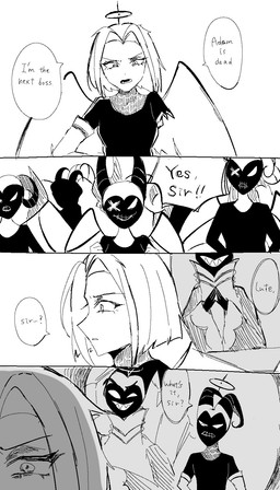 clothed clothing dialogue female group halo male missing_arm not_furry text tatsu_moon hazbin_hotel hellaverse adam_(hazbin_hotel) exorcist_(hazbin_hotel) lute_(hazbin_hotel) angel angel_humanoid humanoid comic english_text hi_res monochrome