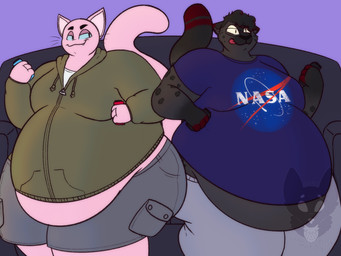 anthro belly big_belly biped black_eyebrows black_hair black_spots black_tail bottomwear clothed clothed_anthro clothed_male clothing controller drawstring drawstring_hoodie drawstring_topwear duo eyebrows focused fur furniture game_controller grey_body grey_bottomwear grey_clothing grey_fur grey_pants grey_shorts grey_sweatpants hair holding_controller holding_game_controller holding_nintendo_switch holding_object hoodie joycon_controller leopard_spots looking_at_another male male_anthro markings melanistic moobs nintendo_controller noseless obese obese_anthro obese_male on_sofa overweight overweight_anthro overweight_male pants pink_body pink_ears pink_fur pink_tail red_tongue shorts sitting sitting_on_sofa sofa spots spotted_body spotted_fur sweatpants tail tan_clothing tan_hoodie tan_topwear thick_thighs tongue topwear whiskers strawberrymilkdog nasa nintendo nintendo_switch domestic_cat felid feline felis jaguar mammal pantherine hi_res