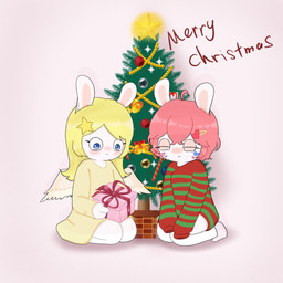 3_fingers accessory anthro bangs baubles bent_arm bent_legs blonde_hair blue_eyes blush christmas_present christmas_star christmas_tree closed_smile clothed clothed_anthro clothed_female clothing dress duo eyelashes eyes_closed feathered_wings feathers female female_anthro fingers flat_chested footwear fur gift green_stripes hair hair_accessory hairclip happy holding_gift holding_object holidays light long_ears long_hair mouth_closed no_eyebrows noseless pattern_clothing pattern_sweater pattern_topwear pink_hair plant red_clothing red_sweater red_topwear shoes simple_background sitting smile stickers_on_face striped_clothing striped_sweater striped_topwear stripes sweater tan_eyelids tan_inner_ear text topwear tree white_background white_body white_clothing white_footwear white_fur white_shoes wings yellow_clothing yellow_dress yellow_wings peypey_mei1925 christmas raving_rabbids rayman_(series) ubisoft fan_character pey_(peypey_mei1925) stella_(noelyordan) lagomorph mammal rabbid 1:1 2024 colored digital_drawing_(artwork) digital_media_(artwork) english_description english_text hi_res lighting shaded