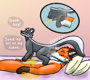 all_fours animal_genitalia animal_penis anthro anus balls bodily_fluids butt canine_genitalia canine_penis dialogue dominant dominant_male duo erection eyes_closed facesitting feral fur genital_fluids genitals gloves_(marking) hand_on_penis internal knot lying male male/male marking_territory markings musk musk_cloud musky_butt nude nude_anthro on_back orange_body orange_fur peeing peeing_on_another penis pillow praise raised_leg sheath side_view sitting_on_another size_difference small_dom_big_sub smell smile submissive submissive_male sweat tail text tuft urine urine_on_chest urine_on_penis urine_stream watersports white_body white_fur unofox canid canine fox mammal mephitid skunk digital_media_(artwork) english_text graphite_(artwork) shaded traditional_media_(artwork)