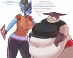 anthro belly big_belly big_breasts bodily_fluids breasts clothed clothing duo female fur hair horn morbidly_obese navel obese open_mouth overweight simple_background snow sweat text pewbutt doe_(pewbutt) snow_(pewbutt) deer felid feline lynx mammal english_text hi_res