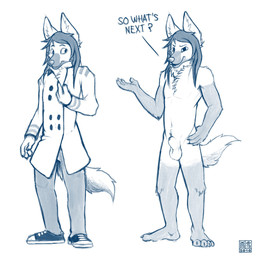 4_fingers animal_genitalia anthro balls biped bottomwear button_(fastener) chest_tuft claws clothed clothing coat eyebrows finger_claws fingers footwear fully_sheathed genitals gloves_(marking) hair hand_on_hip inner_ear_fluff leg_markings long_hair looking_aside looking_at_viewer male markings neck_tuft nude pants plantigrade sheath shoes socks_(marking) solo standing text topwear tuft yookie canid canine mammal maned_wolf 1:1 2016 blue_and_white dated english_text hi_res monochrome multiple_versions signature
