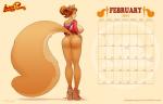 anthro big_breasts big_butt big_tail biped bottomless breasts brown_hair butt calendar calendar_graphic clothed clothing female fluffy fluffy_tail footwear freckles fur genitals green_eyes hair lips long_hair looking_back orange_body orange_fur ponytail pose pussy shirt shoes solo standing tail text topwear y_shaped_butt_crack zaftigbunnypress penny_flynn mammal rodent sciurid tree_squirrel 2014 absurd_res english_text hi_res pinup url