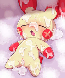 after_sex after_vaginal blush bodily_fluids chibi cum cum_everywhere cum_in_vagina cum_inside cum_on_body eyes_closed female genital_fluids genitals leaking_cum lying messy motion_outline on_back open_mouth red_body shaking solo trembling vulva yellow_body young badwingm nintendo pokemon generation_3_pokemon plusle pokemon_(species) hi_res
