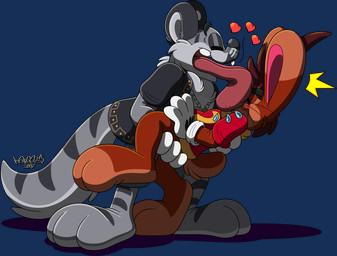 3_toes 4_fingers anthro big_feet big_tongue blush blush_lines bodily_fluids cartoon_gloves clothing drooling duo face_lick feet fingers heart_symbol holding_partner jacket jewelry licking long_tongue male male/male necklace open_mouth paws pendant red_tongue saliva shirt tail thick_tongue toes tongue toony topwear whiskers wide_tongue marquis2007 roderick_(tamerkoh) toonakami_(big-bang-baneko) canid canine canis felid hybrid lagomorph leporid mammal pantherine rabbit tiger wolf absurd_res alpha_channel hi_res