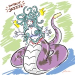 apode breasts female jazz_hands legless living_hair pseudo_hair serpentine simple_background snake_hair solo split_form text jacques00 draconcopode humanoid lamia reptile scalie snake 1:1 2011 english_text meme signature