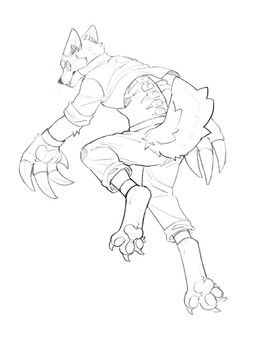 anthro big_claws bottomwear claws clothed clothing looking_back male pants pawpads simple_background solo teeth three-quarter_view topwear unsigned asnnonaka canid mammal 3:4 full-length_portrait hi_res monochrome portrait