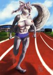 anthro big_breasts bouncing_breasts bra breast_size_difference breasts canine_tail clothed clothing detailed_background details exposed_breasts fast feet female looking_at_viewer multi_breast muscular muscular_anthro muscular_female orange_eyes raised_clothing raised_shirt raised_topwear realistic running shirt shirt_up small_breasts solo sport sports_bra topwear underwear bebe_bernarde canid canine canis mammal wolf absurd_res full-length_portrait hi_res portrait