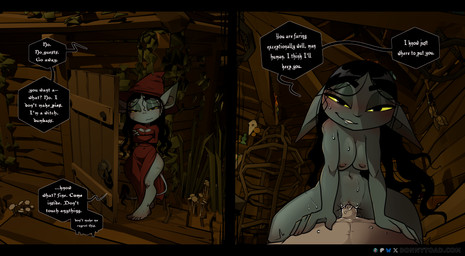 5_toes areola barefoot biped blush bodily_fluids breasts clothing cowgirl_position detailed_background dialogue feet female female_penetrated from_front_position genital_fluids genitals green_body humanoid_feet inside male male/female male_penetrating nipples not_furry on_bottom on_top penetration penile penile_penetration penis plantigrade pupils red_clothing sex shortstack smile speech_bubble sweat text toes vaginal vaginal_fluids vaginal_penetration vulva bonnytoad goblin human mammal absurd_res english_text hi_res